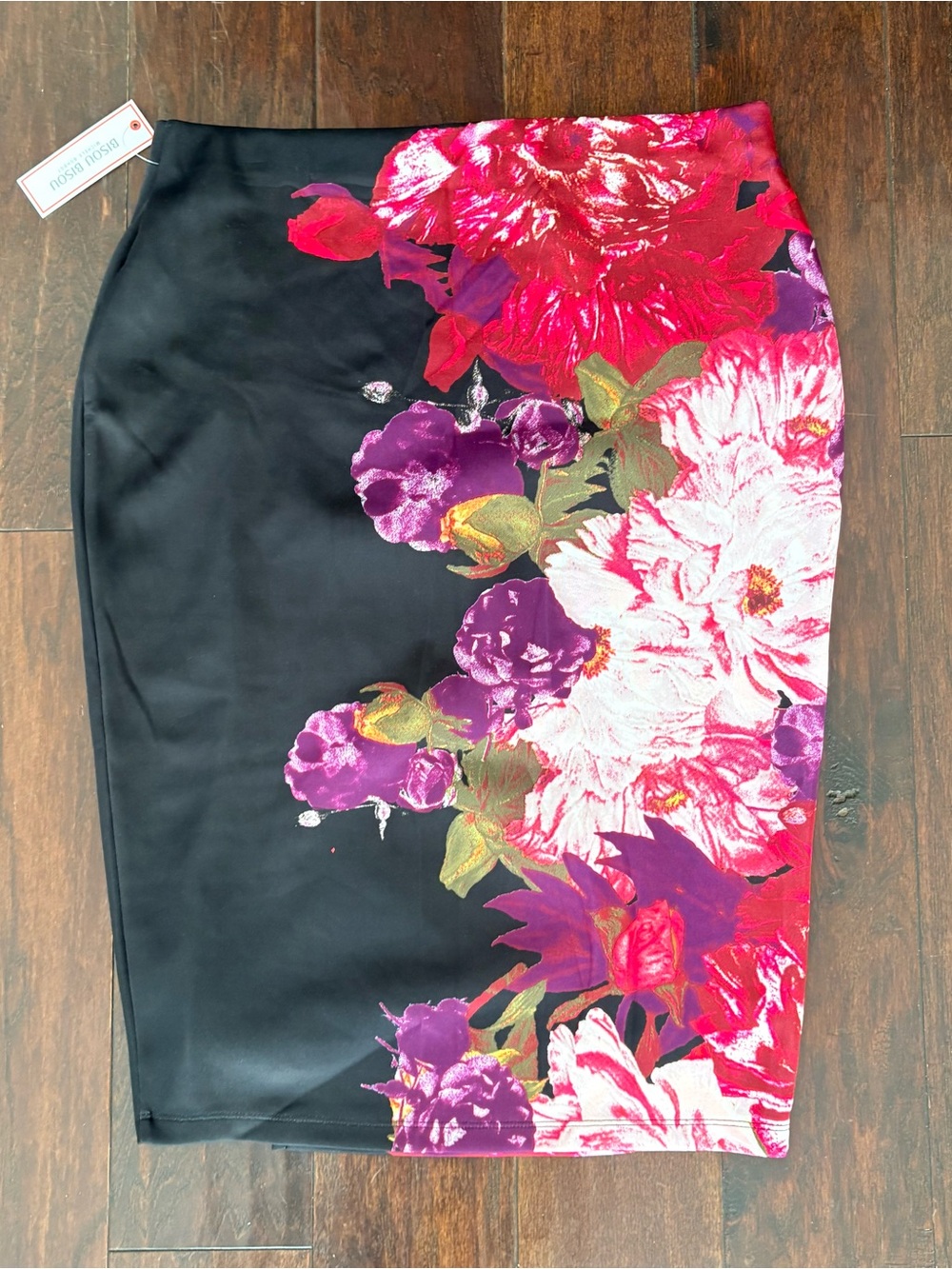 Bisou Bisou Black Pencil Skirt with Pink, Purple & Red Floral Print